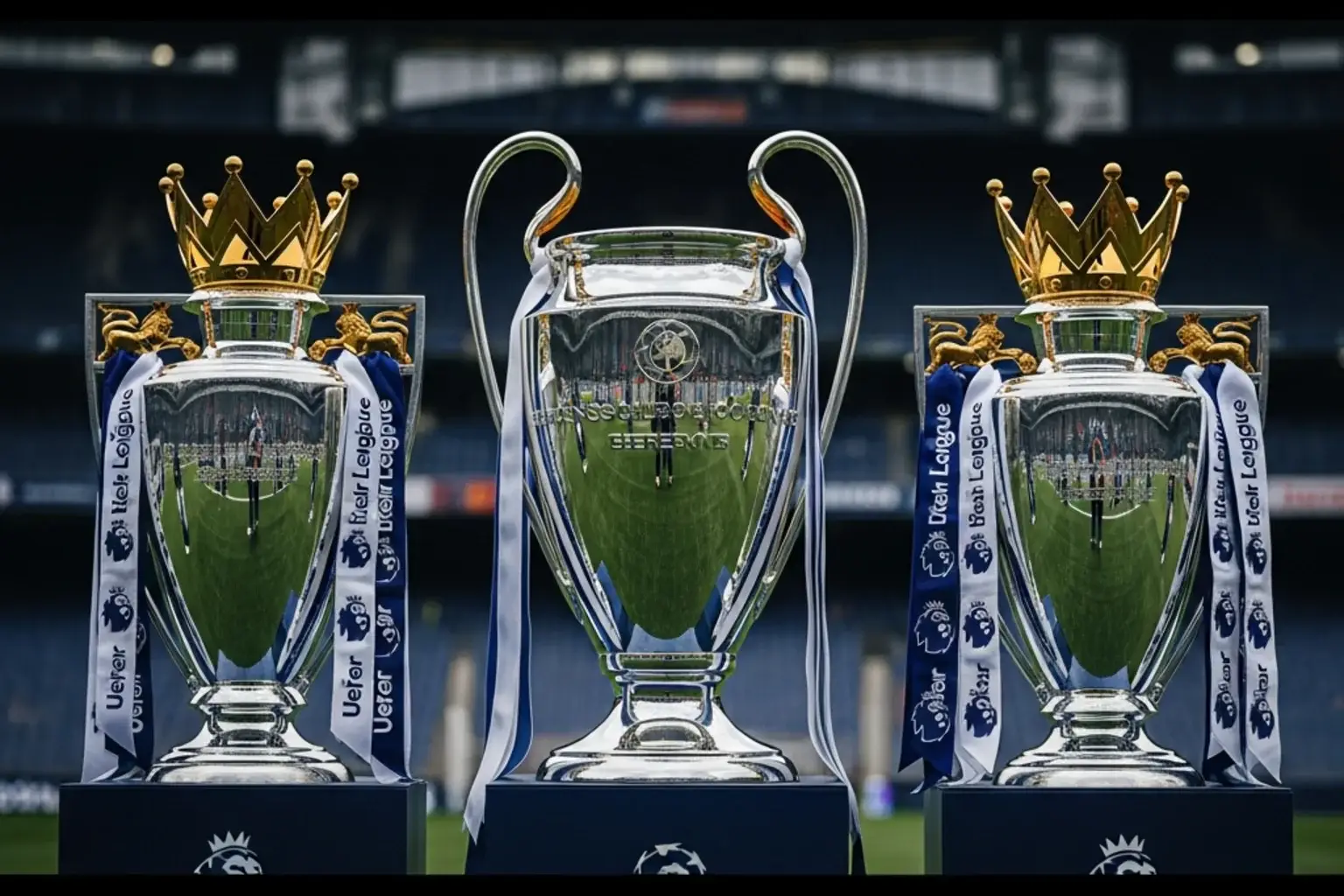Bandera de la UEFA junto al trofeo de la Premier League representando el coeficiente