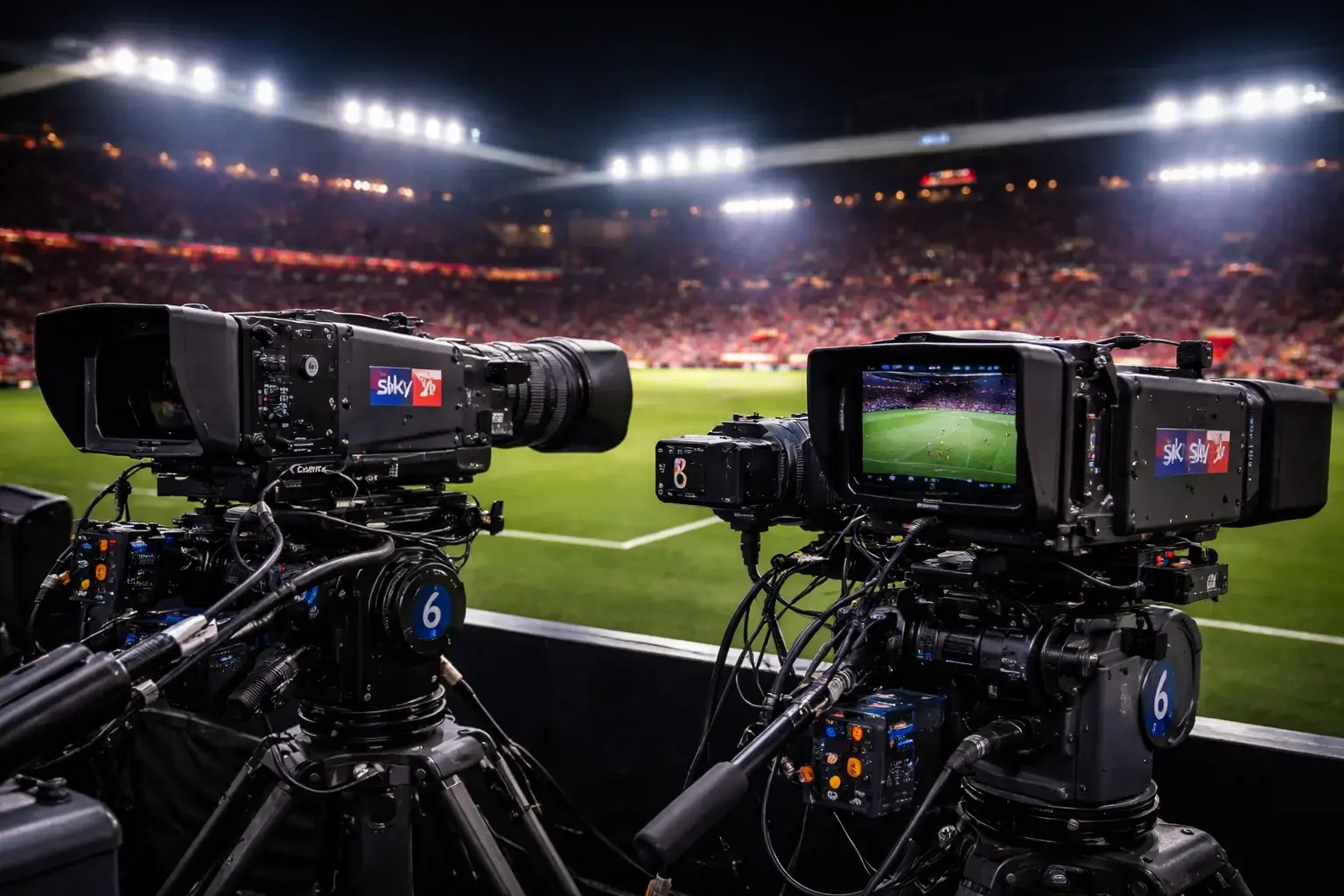 Cámaras de televisión en un estadio de la Premier League durante un partido