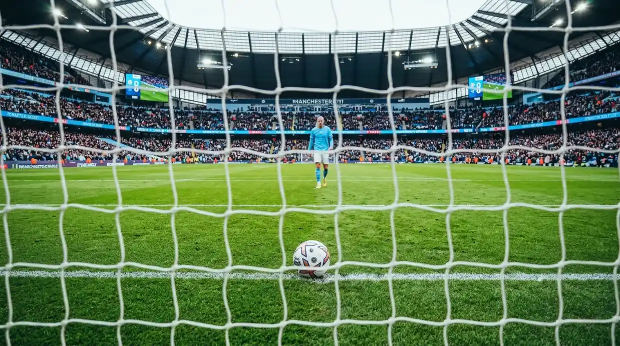 Balón de fútbol en el área de penalti representando los récords goleadores de Haaland