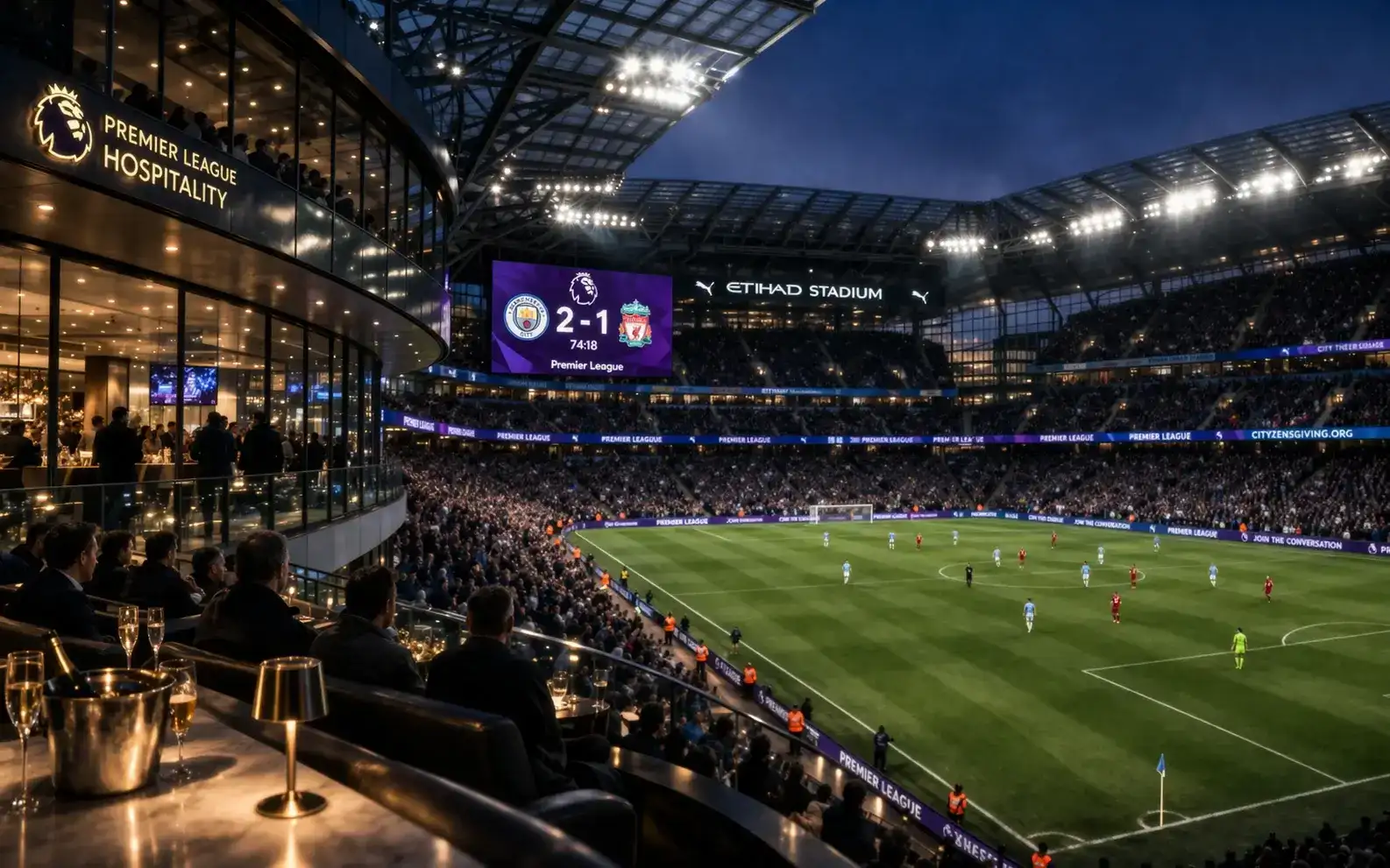 Interior de un estadio de fútbol moderno con pantallas gigantes y gradas llenas