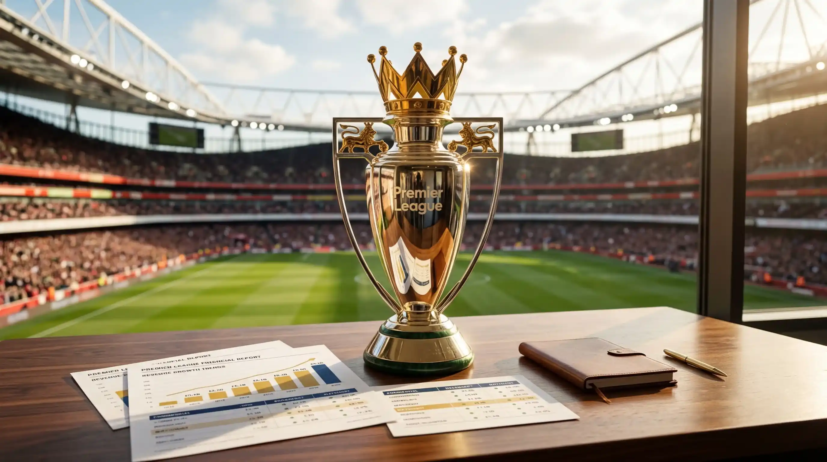 Trofeo Premier League con billetes y estadio de fondo representando finanzas