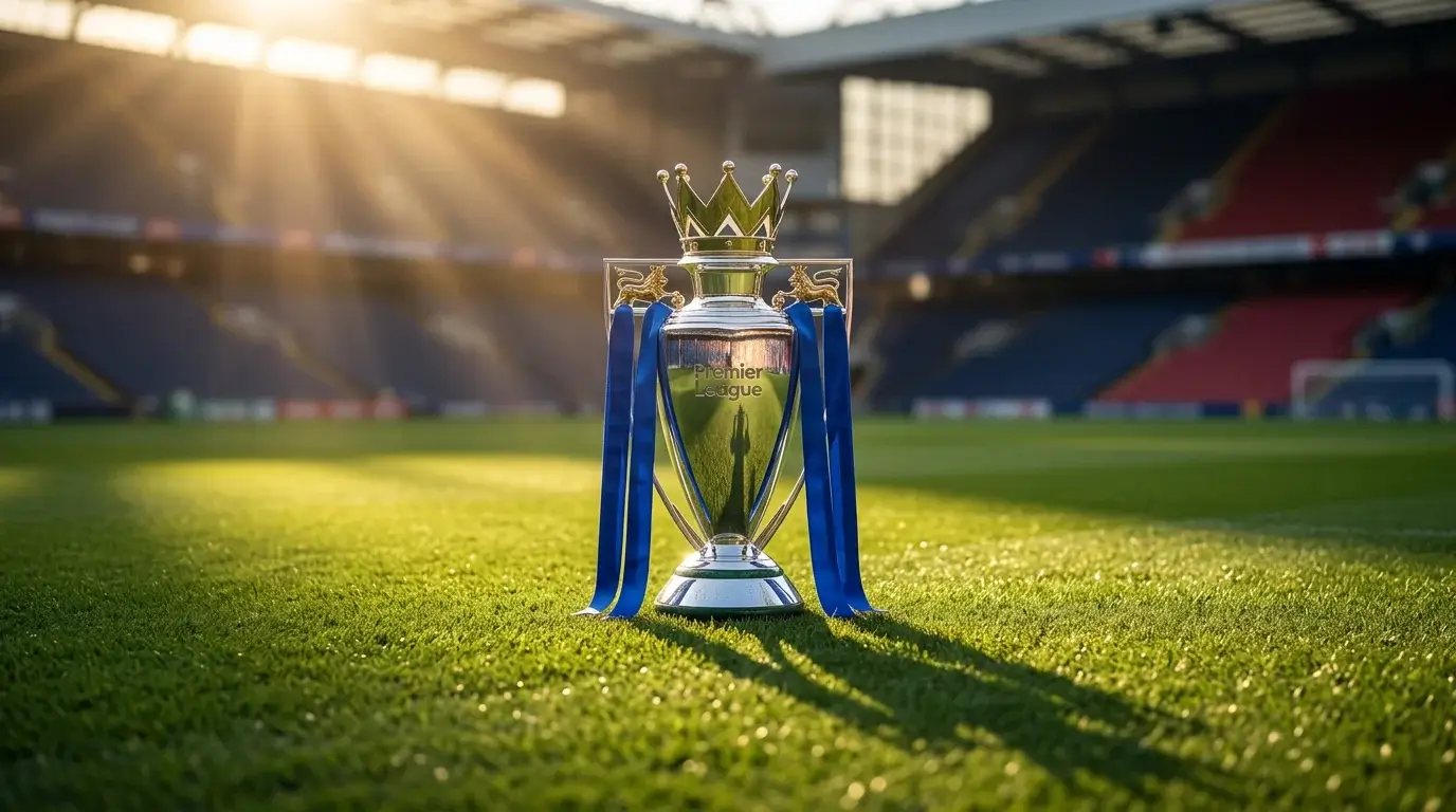 Trofeo de la Premier League sobre el césped de un estadio inglés