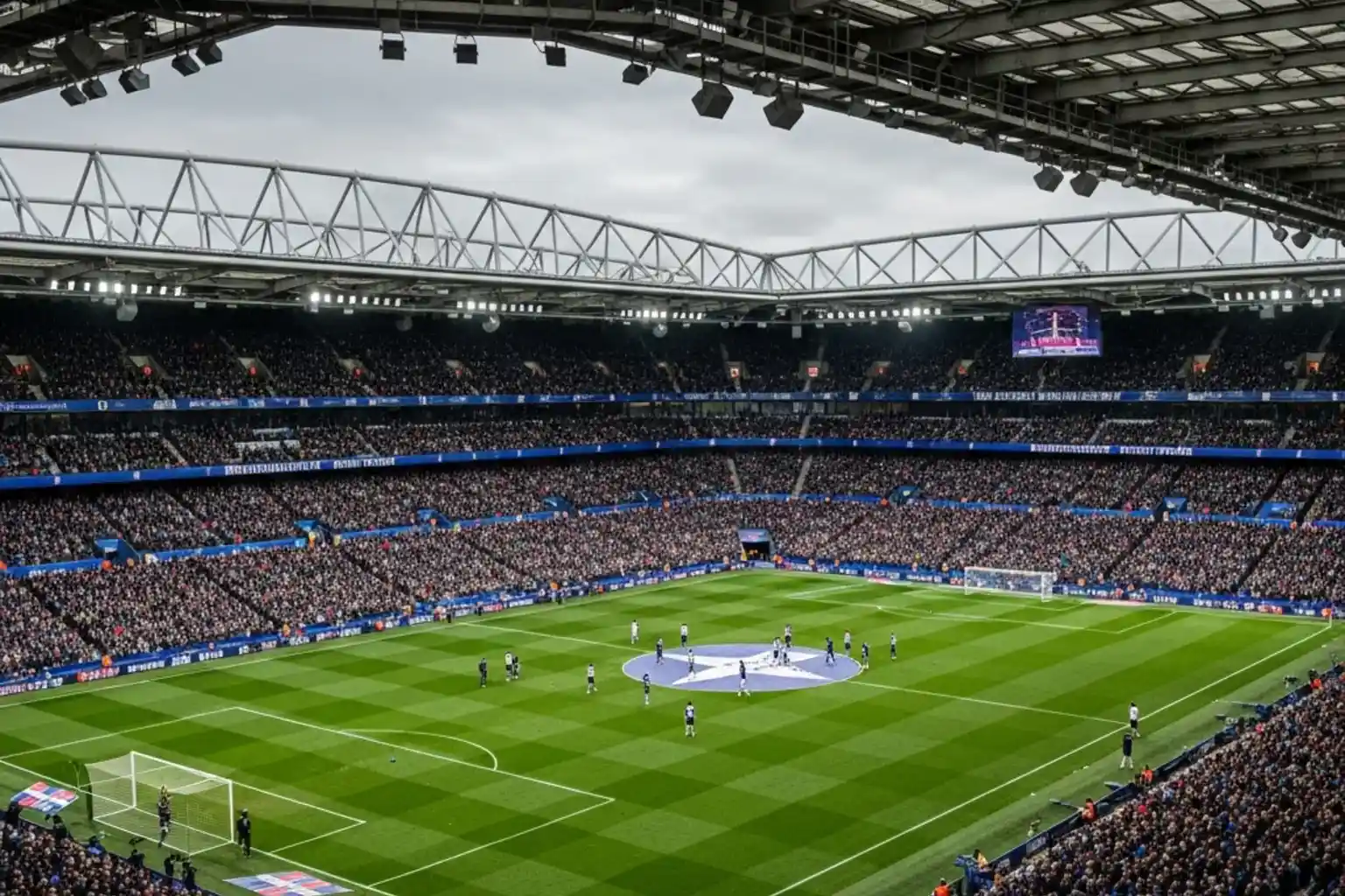 Estadio de la Premier League lleno de aficionados representando los ingresos de los clubes