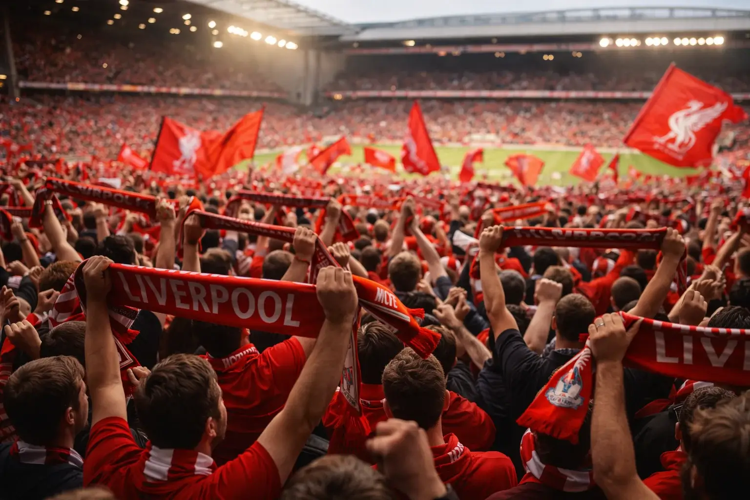 Aficionados de fútbol celebrando en las gradas con bufandas rojas