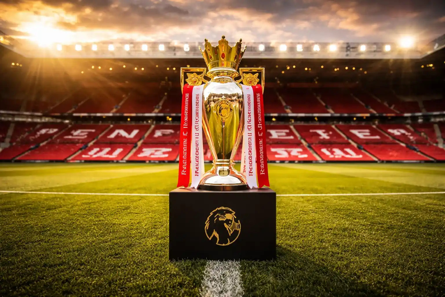 Manchester United campeón Premier League con trofeo en Old Trafford