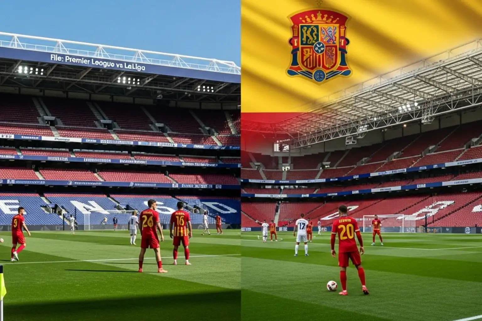 Dos estadios de fútbol representando la comparación entre Premier League y La Liga