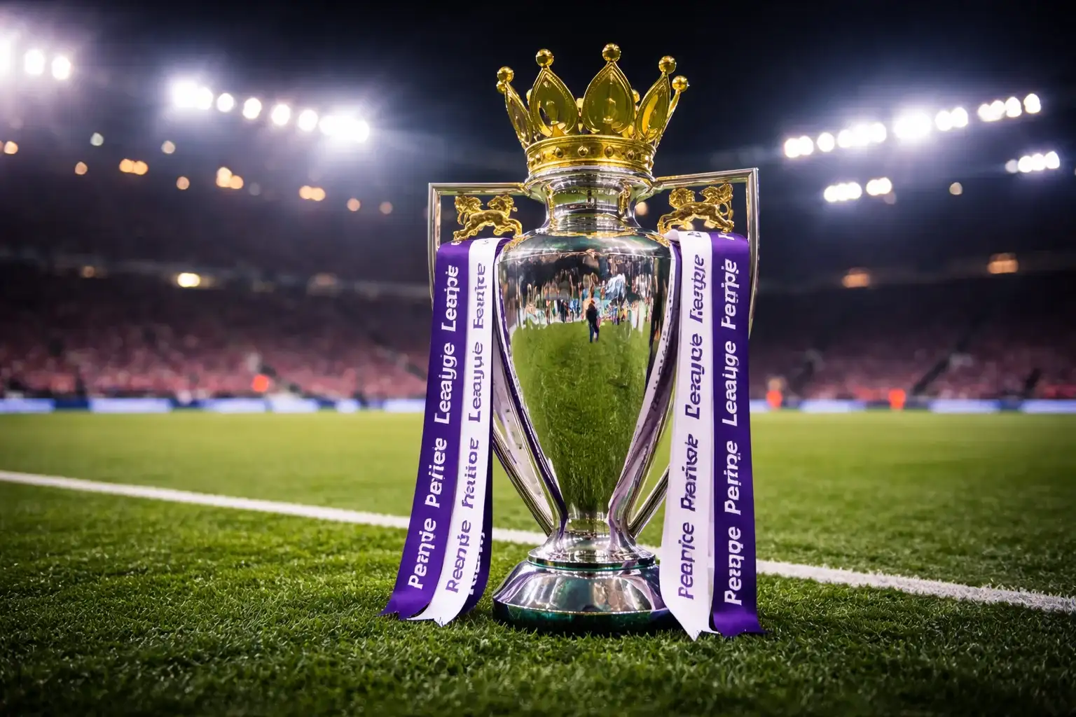 Trofeo de la Premier League sobre césped verde representando los premios de la liga